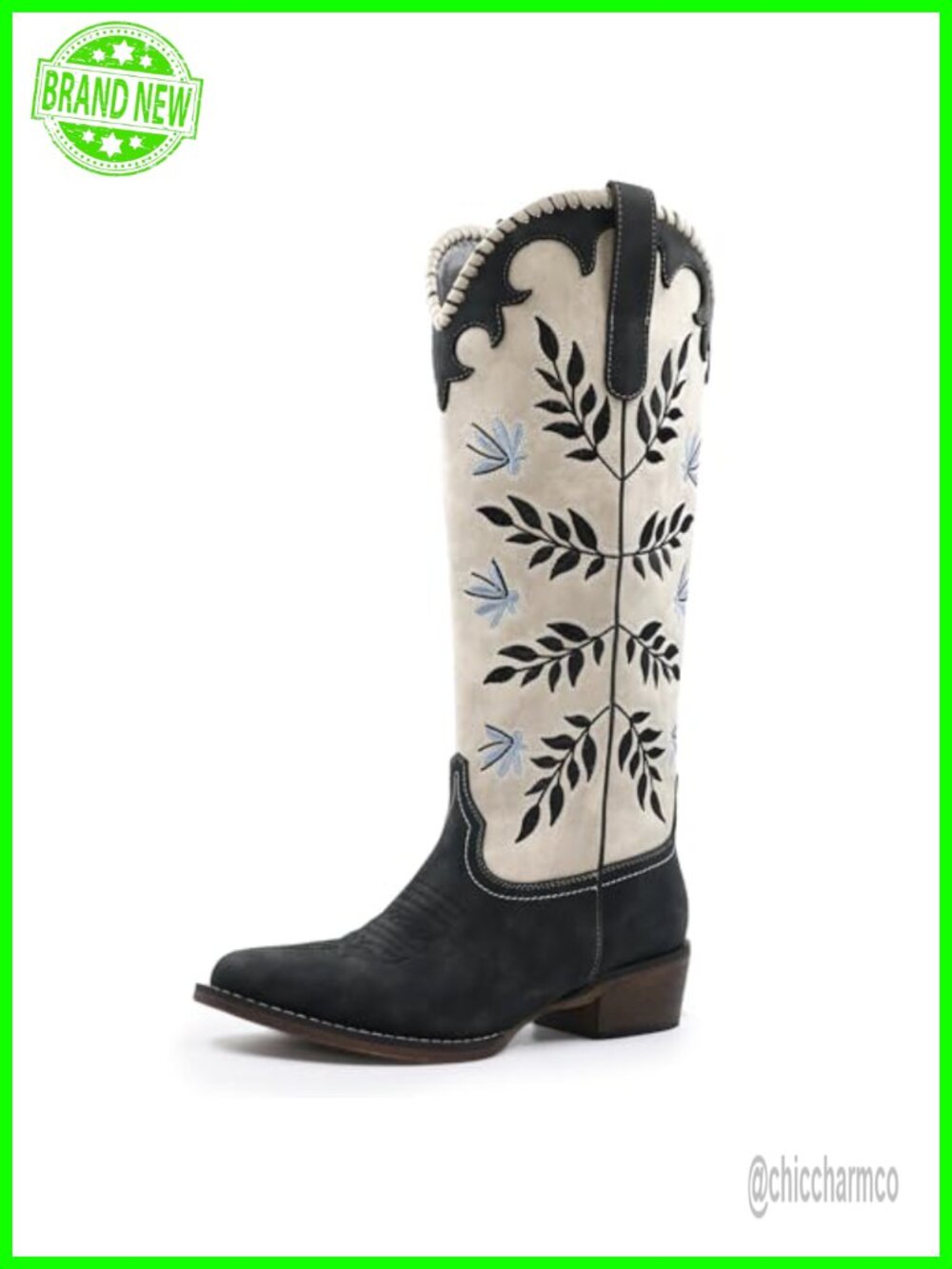 Women's Knee High Western Cowboy Boots Leaf Embroidered Pull On Chunky Heel
